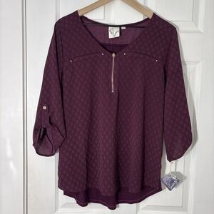 Janet Chung Womens Blouse 3/4 Roll Tab Sleeve Gold Accents Zip Lightweight Sz XL